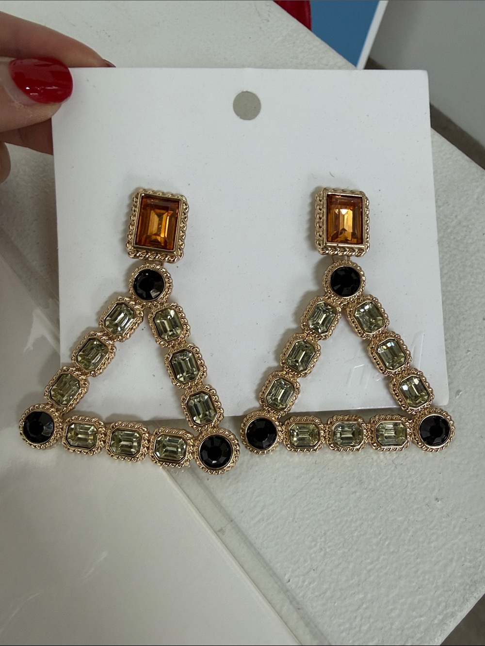 H&M Gold-Tone Triangular Drop Earrings with Amber, Pale Green & Black Stones